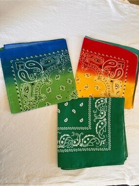 2️⃣ Tie-Dye and Reg Polyester Bandana Trio - New Green, Blue & Orange